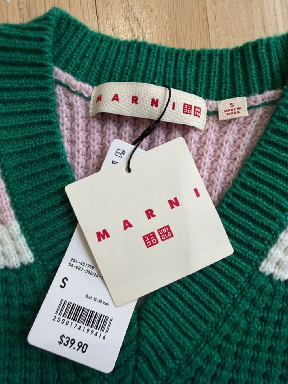Marni Green Knit V-Neck Sweater Vest with Pink and White Trim - Picture 2 of 3
